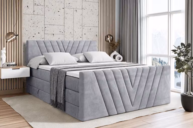Letto boxspring ALTDECOR con pediera, 2 materassi e topper - 120x200 cm - ERNINA-Z KING - Velluto grigio chiaro - Letto imbottito con materassi H3 e H4, contenitore e rete a doghe, letto con contenitore