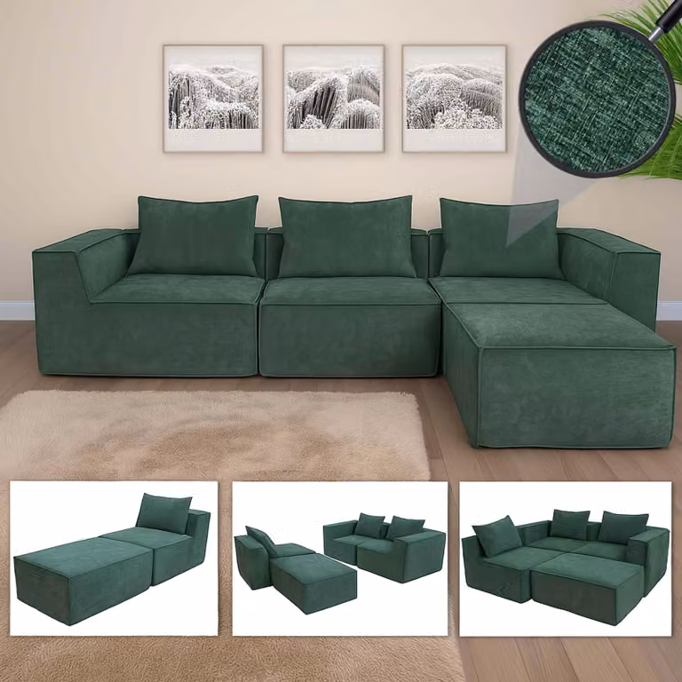 L-Sofa HWC-O54, divano lounge con pouf, allungabile e modulare a destra/sinistra, tessuto/tessuto 63x270x190cm ~ verde