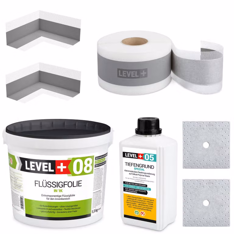Kit di impermeabilizzazione Pellicola liquida 5,5 kg Nastro sigillante 5mb Primer 1L - LEVEL+ SET14