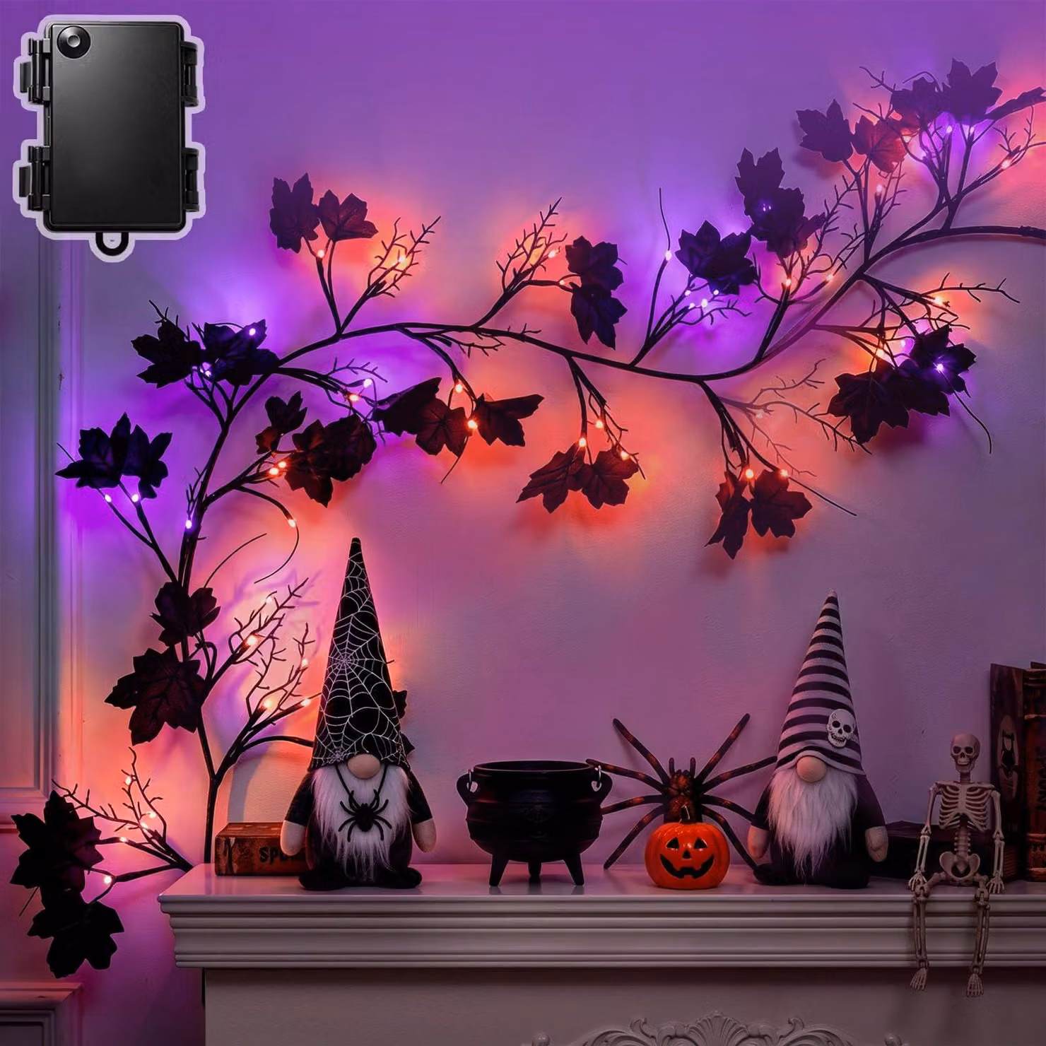 Catena luminosa a tema Halloween, lunghezza 1,8 metri, 54 LED, foglie nere, con timer, impermeabile