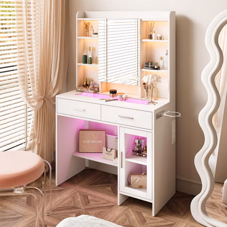 Comodino con specchio e presa LED, luminosità regolabile, con specchio e supporto, con 2 cassetti, bianco
