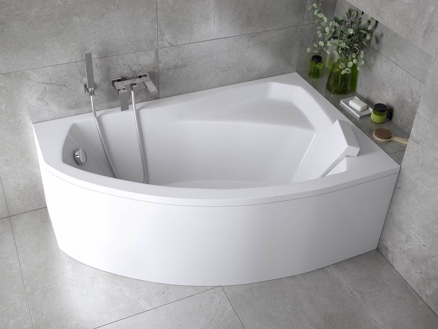 Vasca angolare 150x95 destra con grembiule in acrilico, set di scarico e piedini GRATIS | Set completo 4in1 Vasca originale in acrilico Siphon | BADLAND RIMA