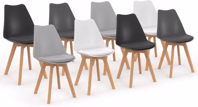 Set di 8 sedie scandinave SARA IDMarket in plastica e legno, colori misti: 2 bianco, 2 grigio chiaro, 2 grigio scuro, 2 nero