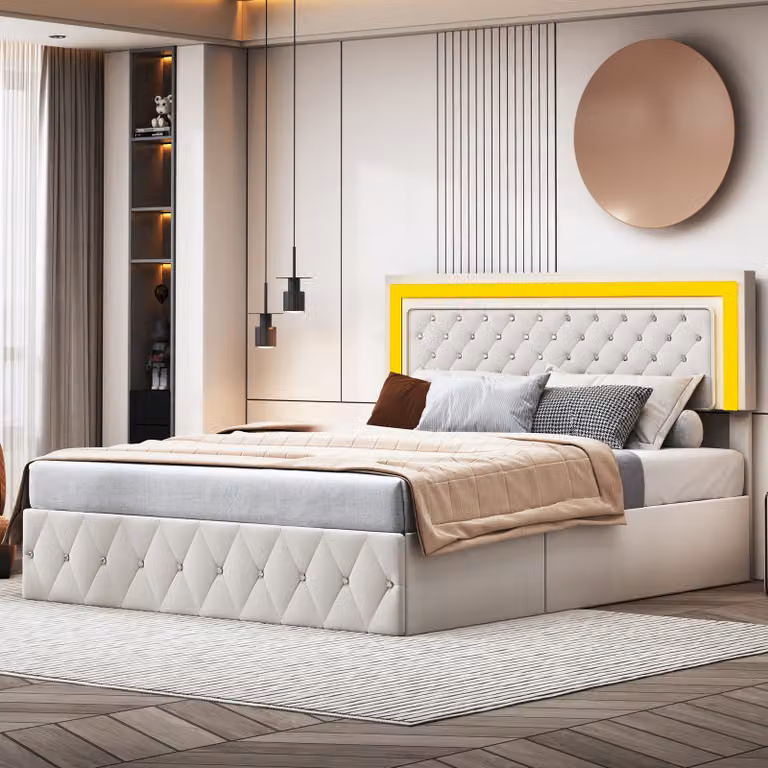 letto contenitore in velluto 140 x 200 cm - con illuminazione LED e rete a doghe - Letto matrimoniale con contenitore - Beige