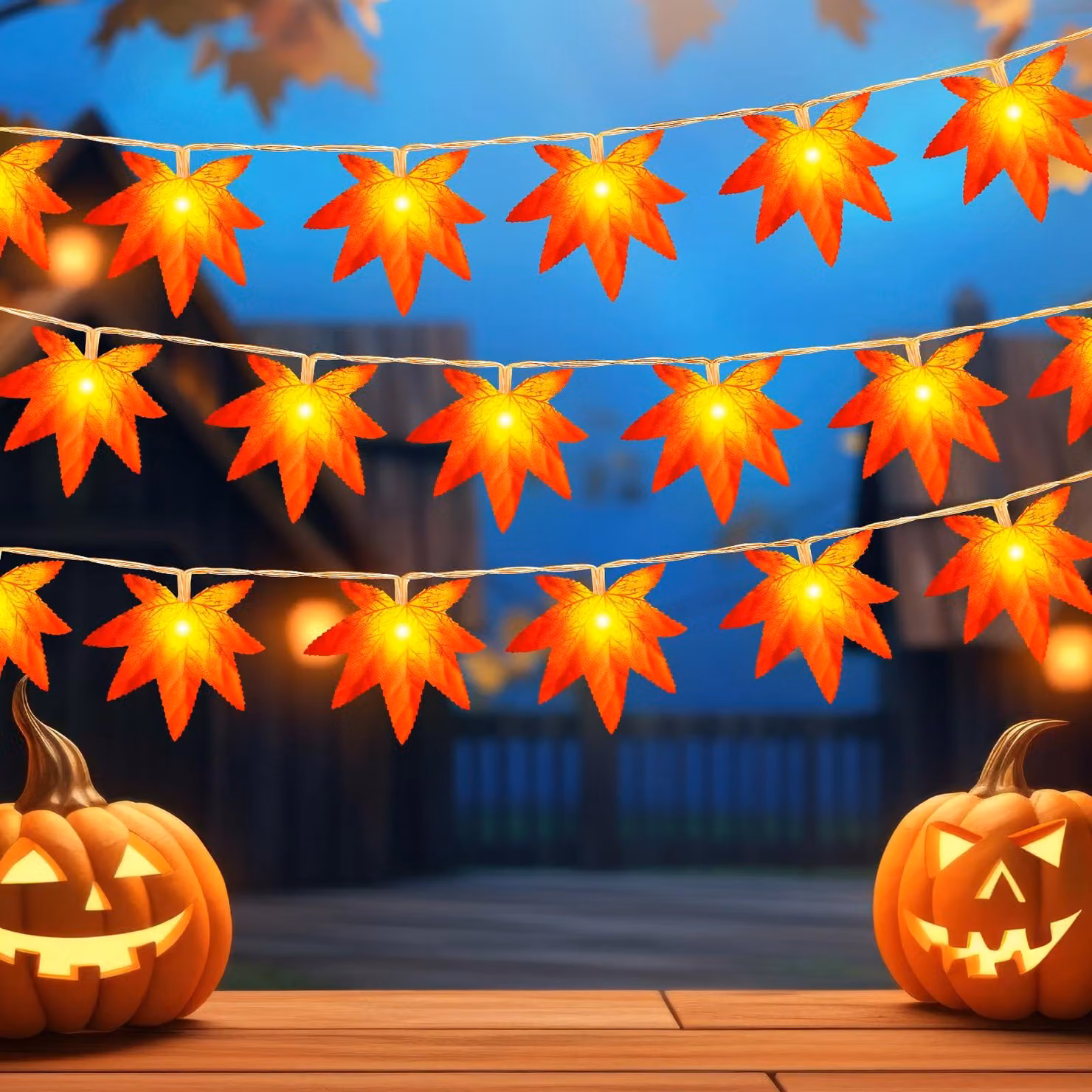 Catena luminosa autunnale, 3 metri, 20 LED a forma di foglie di acero, con timer