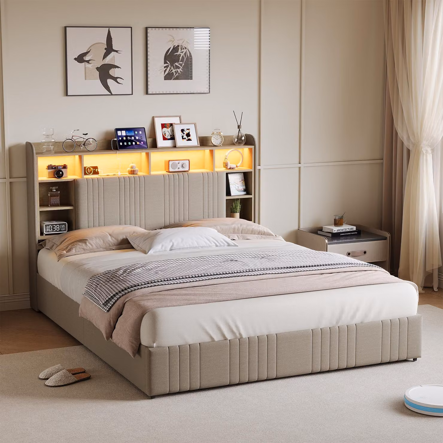 Letto Moonbite con contenitore, dimensioni 140x200 cm, tessuto in lino, colore beige – 4 cassetti scorrevoli, testiera con comodini a giorno, illuminazione RGB controllabile tramite app