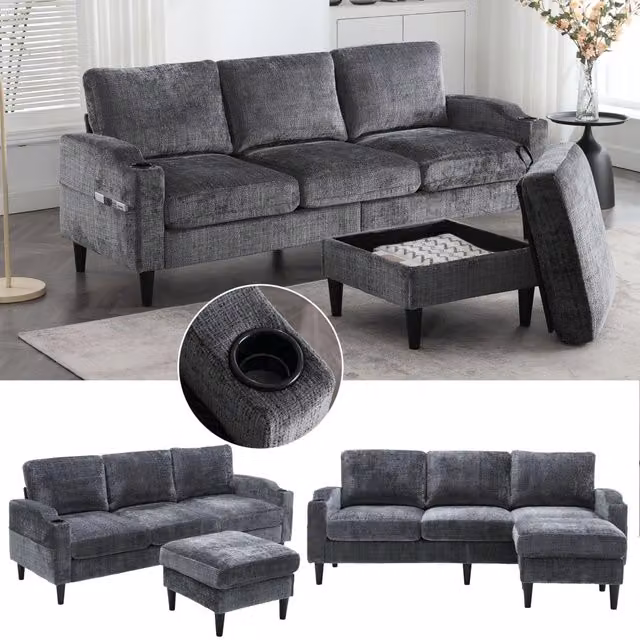 Divano modulare 4 posti con pouf contenitore portabevande e tasche laterali con struttura in metallo e legno in ciniglia grigia