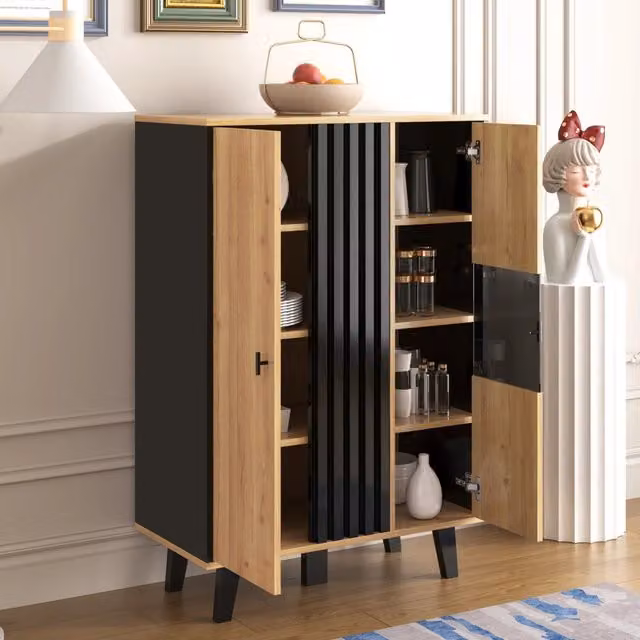 Vetrina OKWISH moderna per soggiorno con ante in vetro, illuminazione LED integrata e ripiani interni, finitura nero e effetto legno, L 80 cm x P 40 cm x H 120 cm