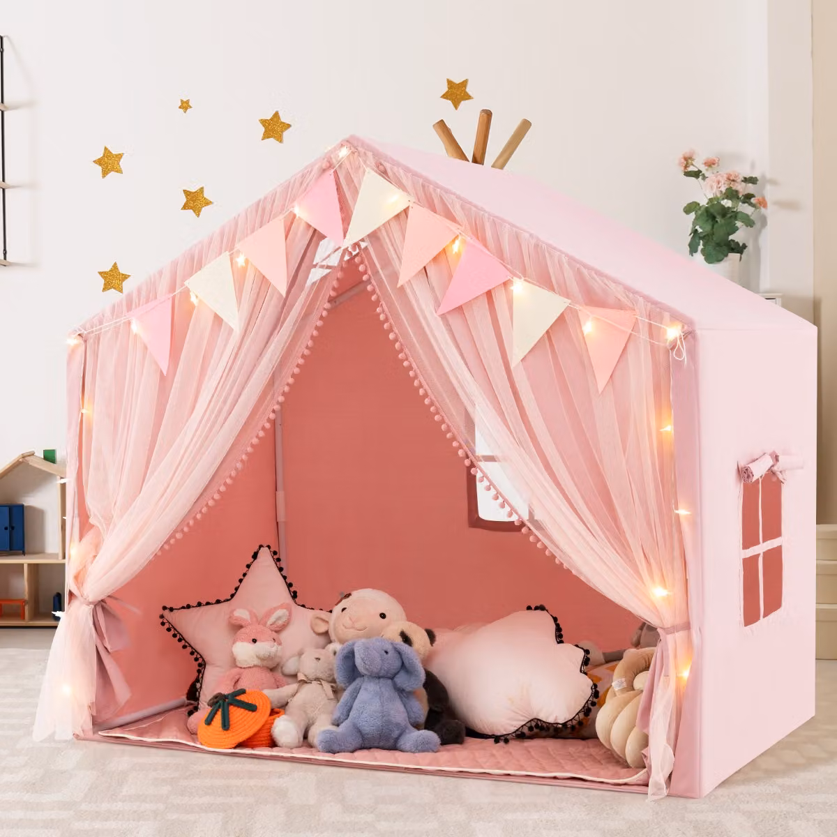 Tenda da gioco per bambini Costway con rete, luci a stella e materassino in cotone, Rosa, H: 135 cm