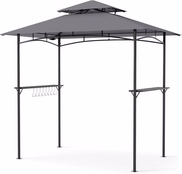 Gazebo esterno con 2 tavoli da bar in metallo e 8 ganci laterali, Gazebo per barbecue con tettoia a due livelli Grigio