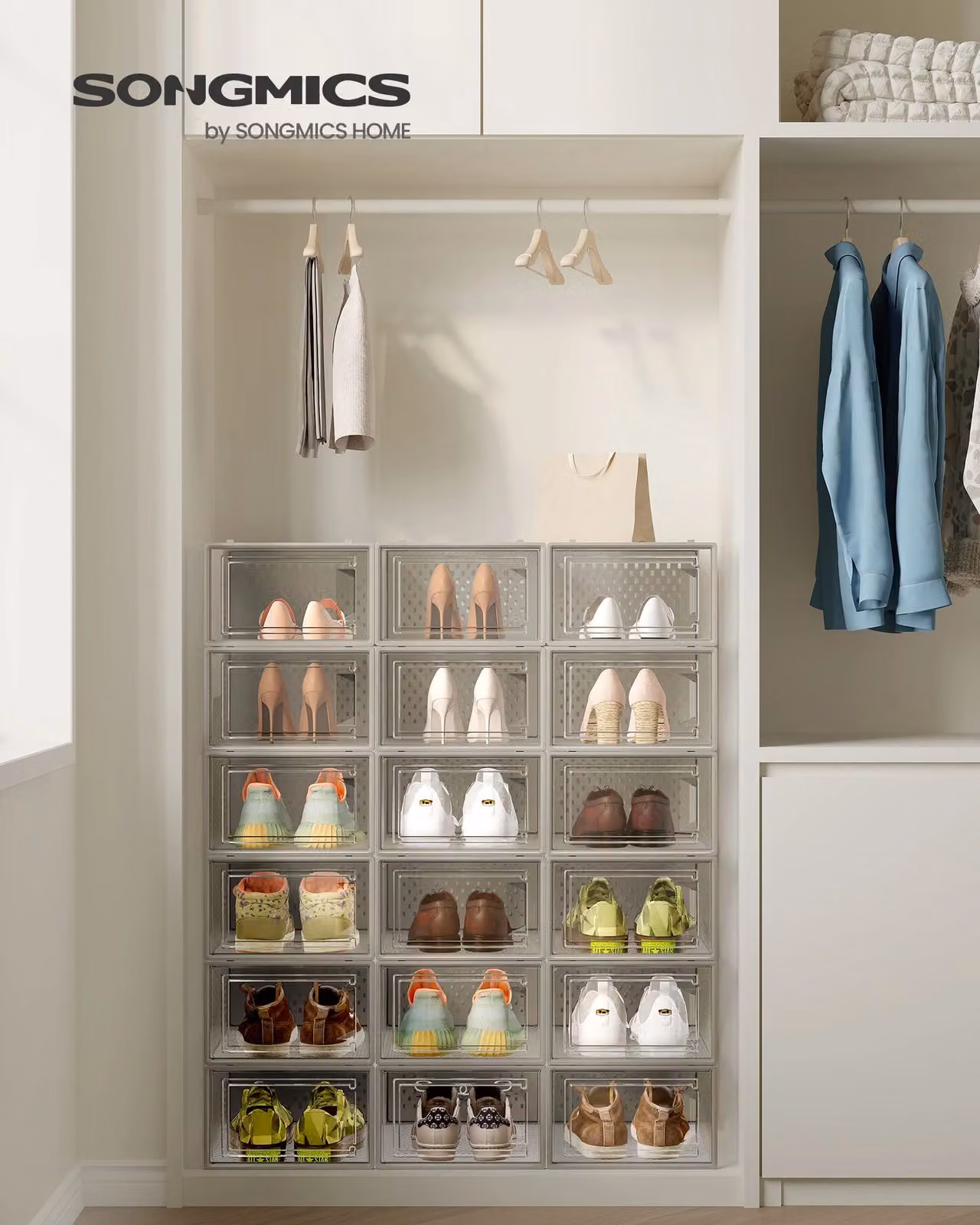 Pacco da 18 Scatole per Scarpe Contenitori per Scarpe, Trasparente + Beige Avena / M ( 33,5 x 23,2 x 14,3 cm )