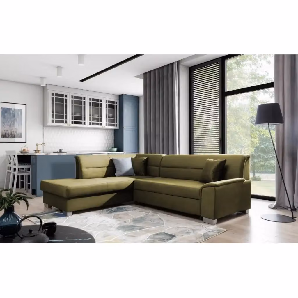 Divano letto angolare TROMSO MEUBLORAMA verde effetto velluto con contenitore e angolo sinistro – 2