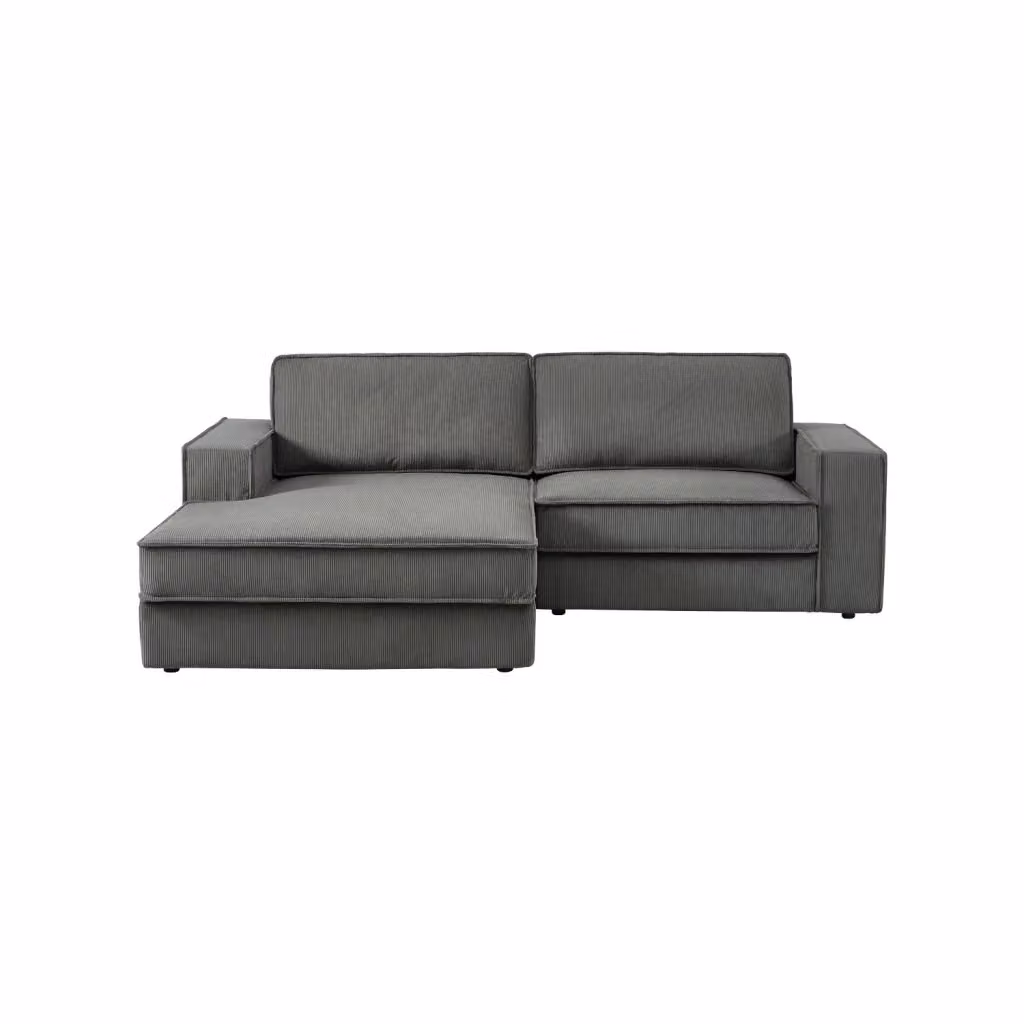 Divano angolare sinistro SWEEEK in velluto a coste grigio con struttura in legno massiccio e cuscini decorativi, 3 posti, L 231 x P 156 x H 83 cm – 2