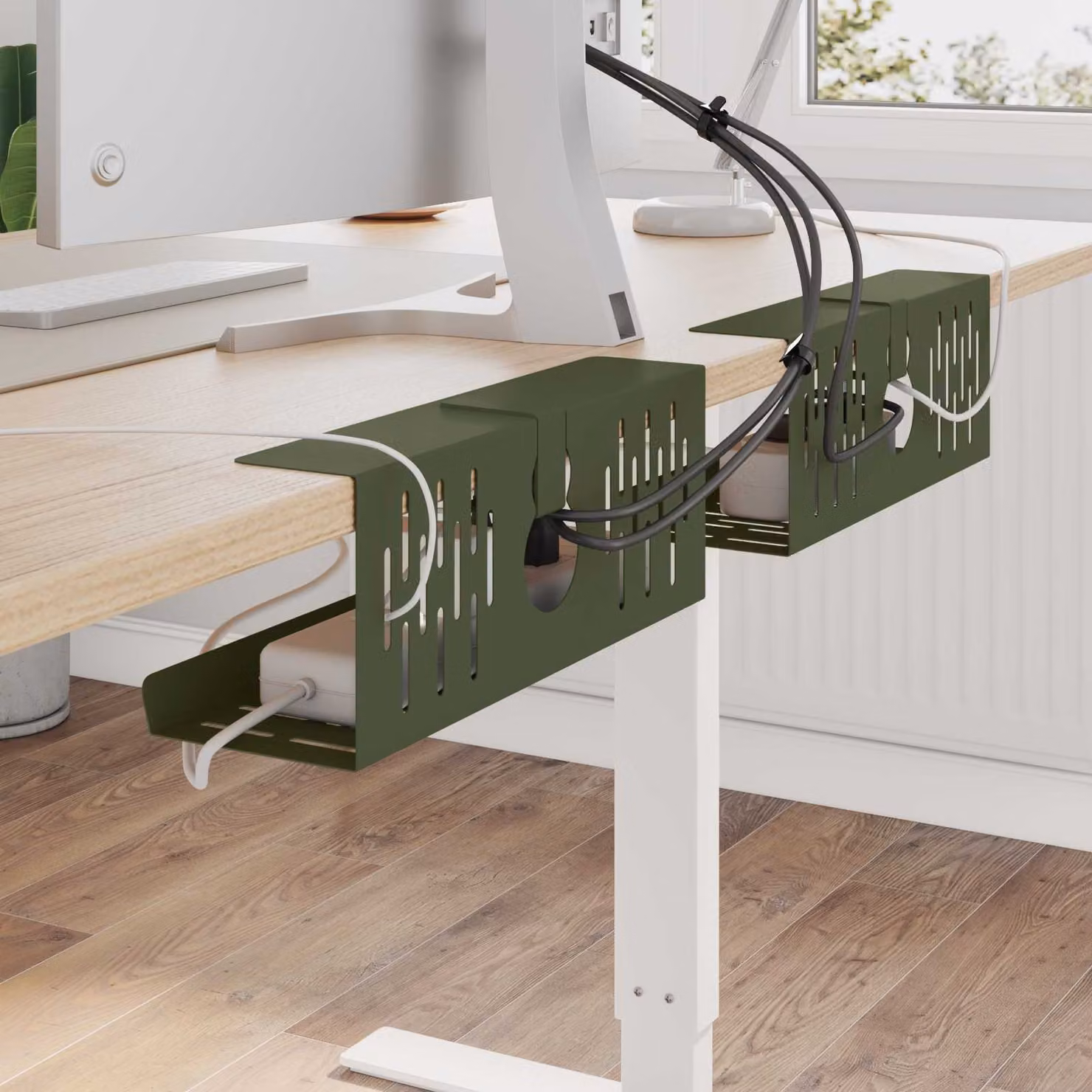 Set di 2 vassoio per gestione cavi sottotavolo vidaXL in metallo Verde Oliva