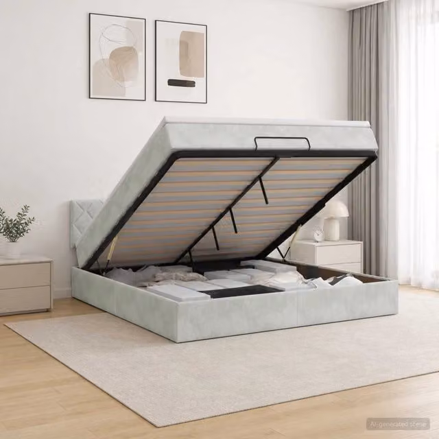 Letto matrimoniale con contenitore a sollevamento vidaXL in velluto grigio e bianco L/P/H: 203 x 180 x 140 cm