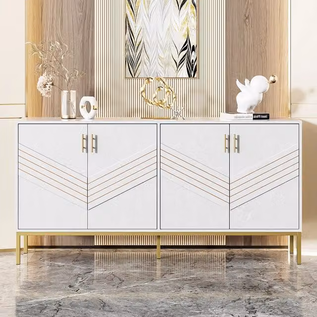 Buffet moderno Xylo con 4 porte in MDF bianco e oro, design geometrico opaco, L: 80.5 cm, P: 40 cm, H: 41 cm