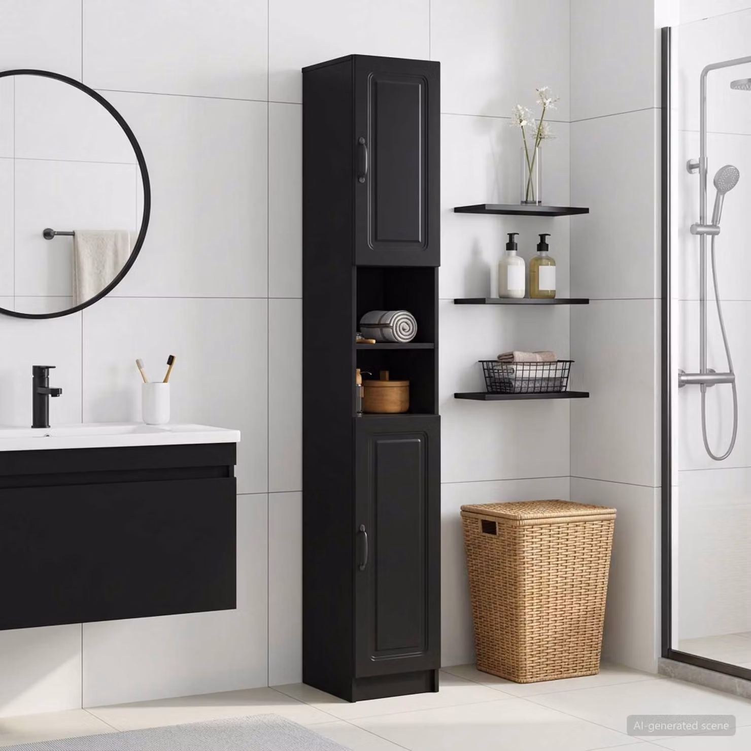 Armadio da bagno moderno vidaXL UTRECHT nero con ripiani interni e scaffale aperto