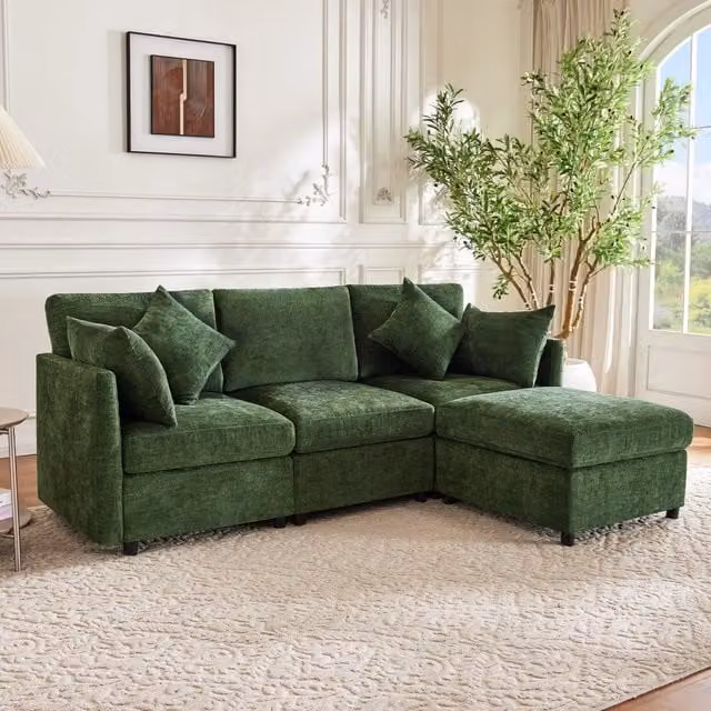 Divano modulare 216x161x81 cm configurabile a 3 posti o angolare in ciniglia verde