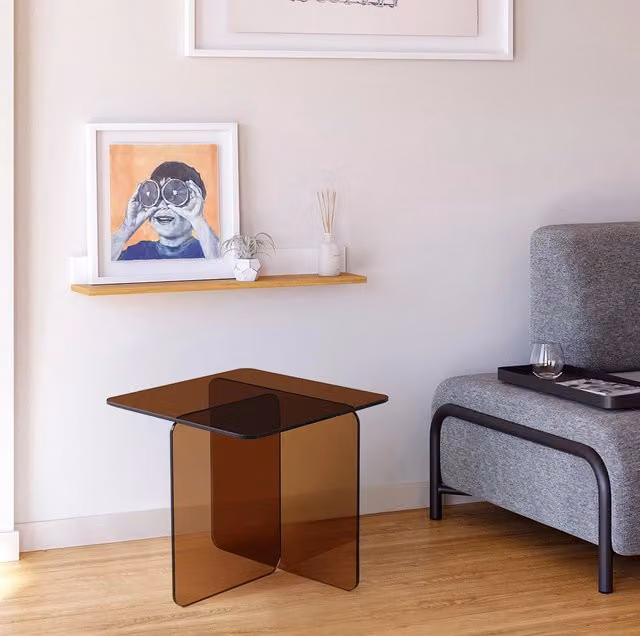 Tavolino laterale ULEVR 45x45x51 cm in vetro temperato marrone, tavolo da divano trasparente