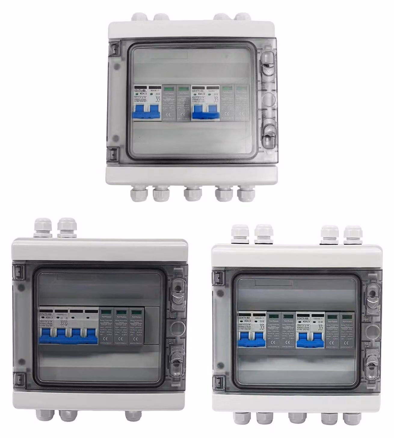 Scatola combinatore DC solare - Distributore di corrente continua per impianti fotovoltaici - 1000V DC - 1 ingresso, 1 uscita - Interruttore di protezione da sovracorrente da 40A, 4,5kA - Grado di protezione IP65 - Montaggio a parete - 21x21x9 cm - Grigio