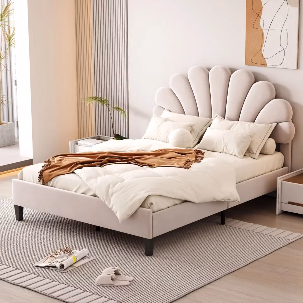 Letto imbottito Mivray con testiera a fiore in velluto beige e rete a doghe rinforzate L/P/H: 140 x 200 x 110,5 cm – 2