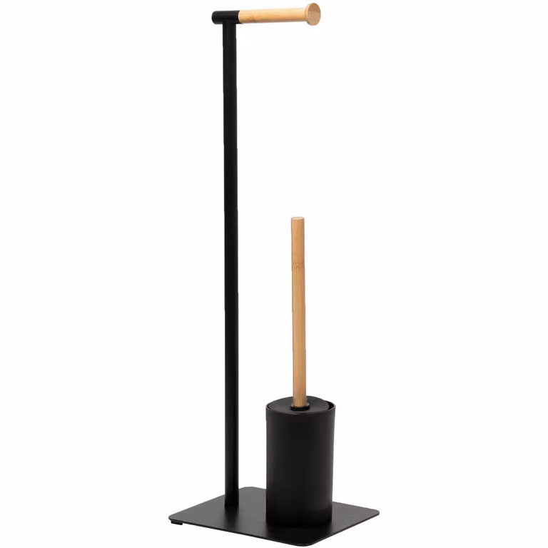 Piantana portascopino e portarotolo Vestiamo Casa in acciaio inox nero con elementi in bamboo H 67 x L 23 x P 18 cm