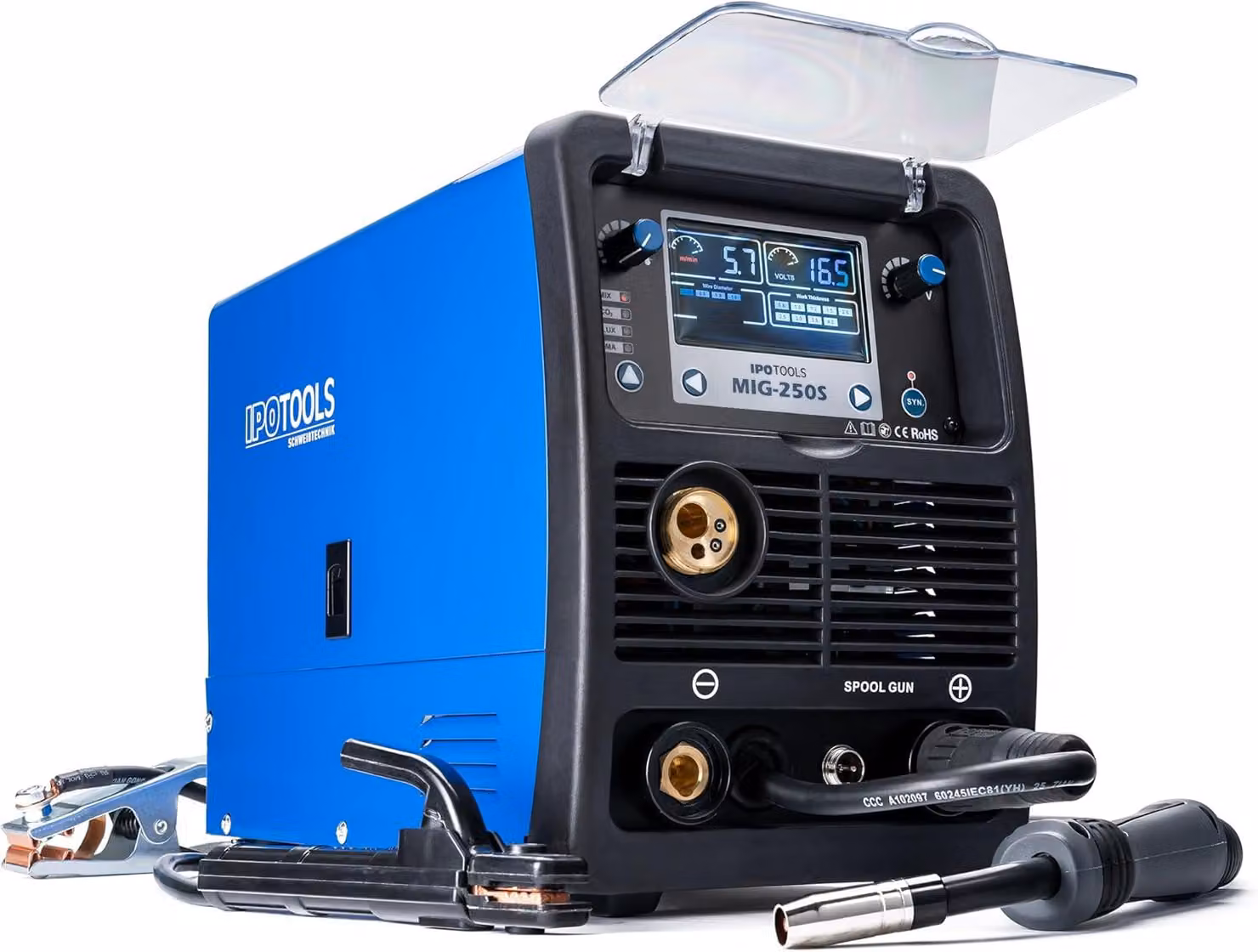 Saldatrice multifunzione 5-in-1 MIG/MAG, con controllo sinergico, gas di protezione e filo di saldatura. Display digitale, alimentazione 230V