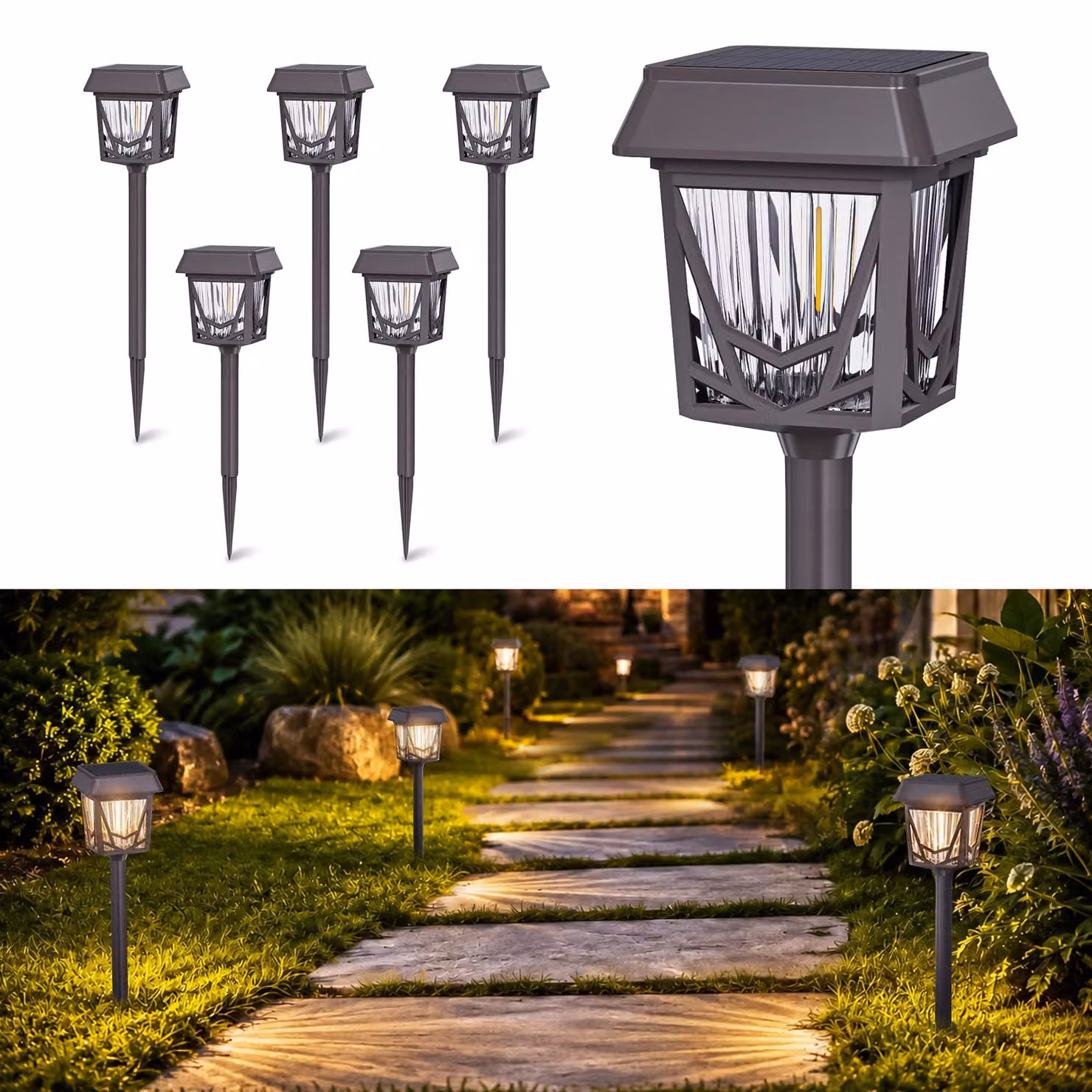 Set di 6 luci solari, con connettore USB-C, batteria da 1500 mAh, autonomia di 12 ore, luce bianco caldo, grado di protezione IPX6