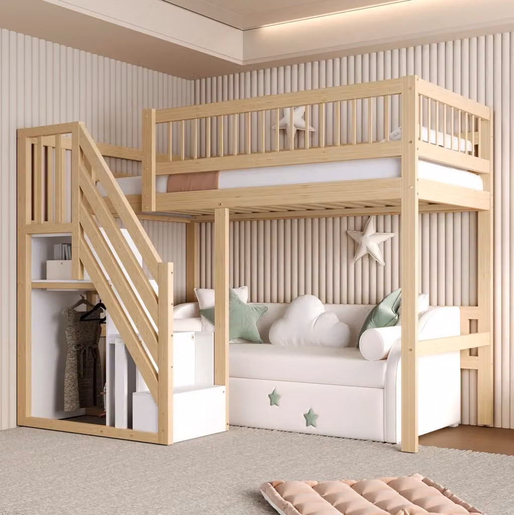 Letto singolo rialzato REDOM in legno massiccio con scala contenitore e scomparti laterali, colore marrone, L/P/H: 200 x 90 x 173 cm – 2