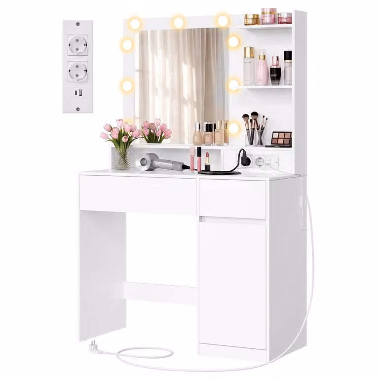 Toeletta con specchio LED e ampi cassetti organizzati, mobile con ante / 80 x 40 x 144 cm