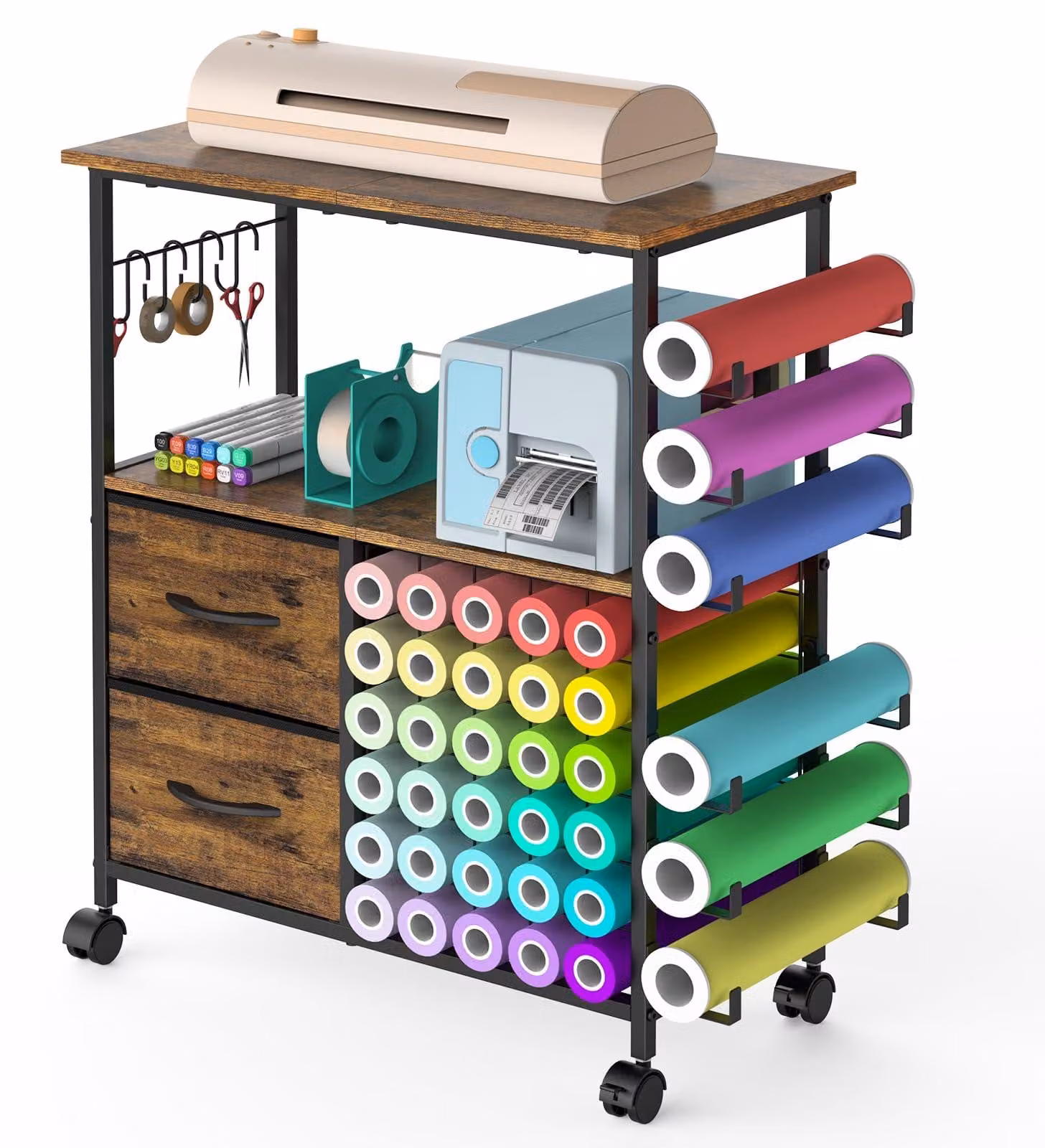 Carrello portarulli in vinile, dimensioni 60x32x76 cm, colore marrone, con ruote