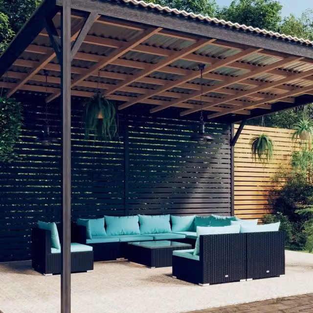 Set da giardino vidaXL composto da 10 pezzi con divani a L, tavolino da caffè e cuscini blu e neri in rattan e metallo – 1