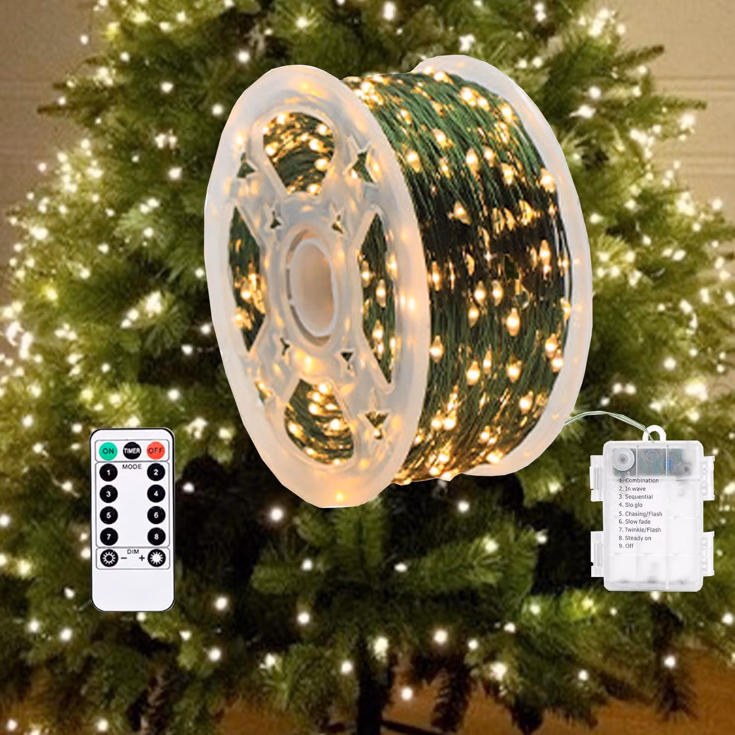 Catena luminosa a LED, 20 metri, 200 LED, luce bianco caldo, alimentazione a batteria, impermeabile