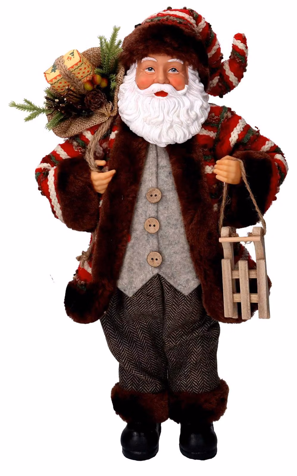 Babbo natale in tessuto marrone e rosso con slittino cm xh45