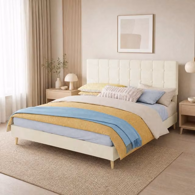 Letto matrimoniale imbottito 160x200 cm in velluto beige, testiera trapuntata e gambe in legno