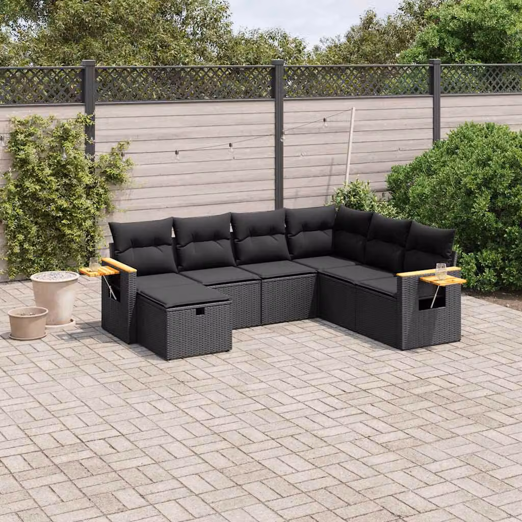 vidaXL Set Divani da Giardino a L con Cuscini 7pz Nero in Polyrattan e Acciaio – 1