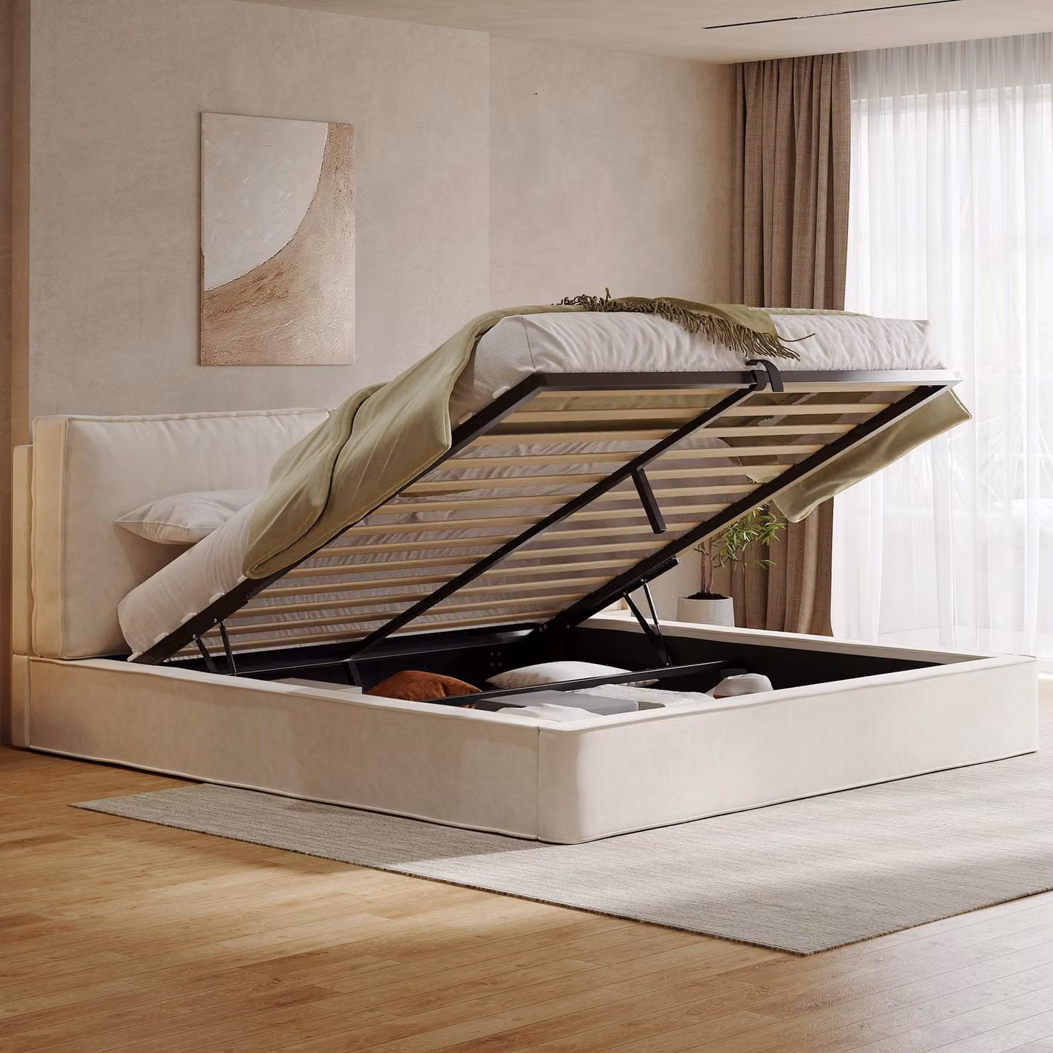 Letto imbottito 180 x 200 cm con spazio contenitore a sollevamento idraulico, rete a doghe, testiera imbottita di 13 cm, rivestito in chenille, capacità fino a 300 kg, colore beige
