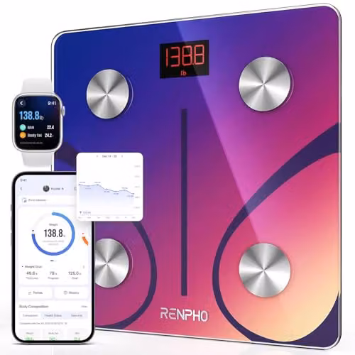 RENPHO Bilancia Pesapersone Professionale, Bilancia Impedenziometrica Bluetooth Bilancia Pesa Persona Digitale con App - Misura Peso Corporeo, Massa Grassa, Massa Muscolare, Rosso