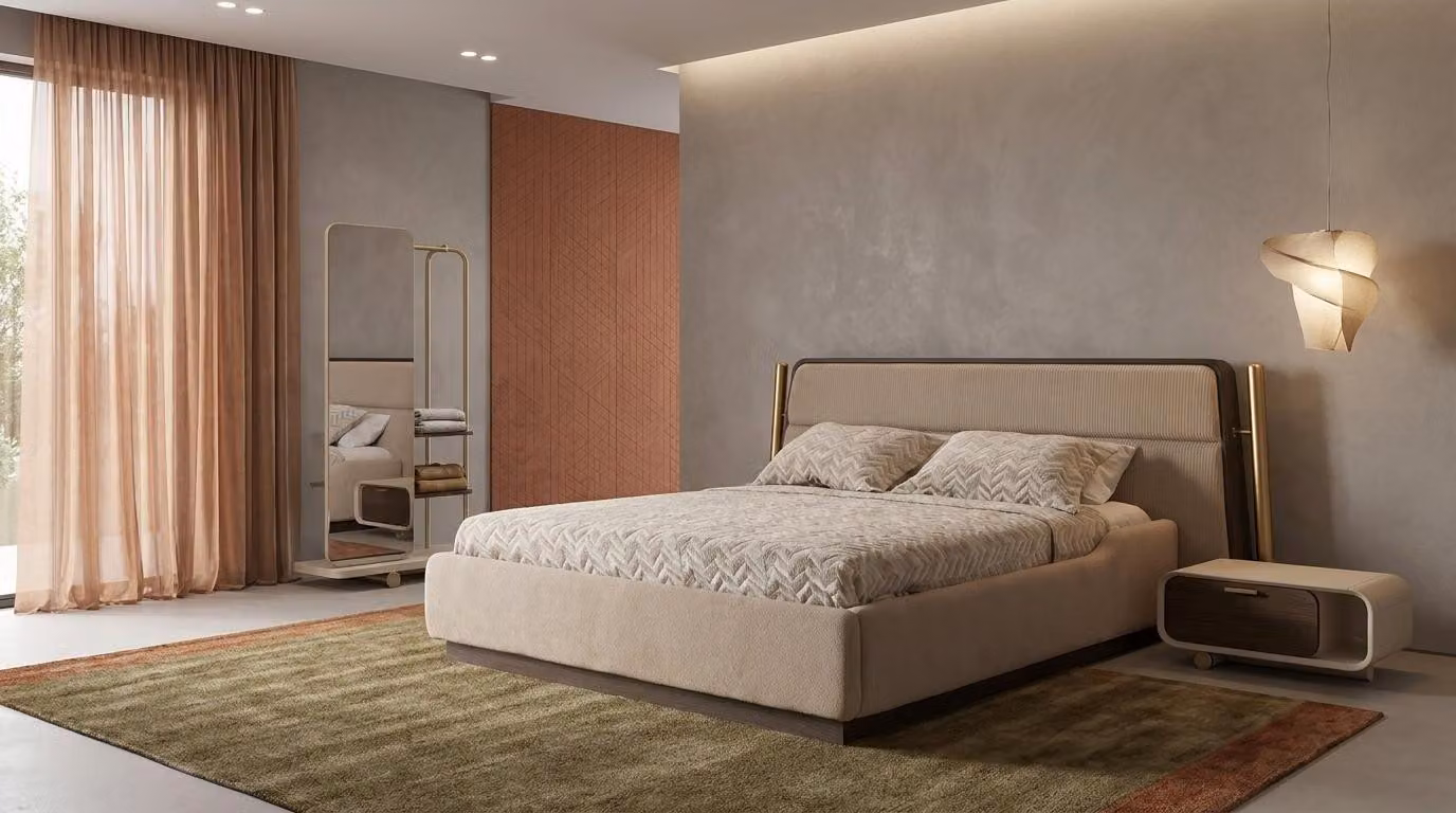 Tavolini da notte, specchio, camera da letto, stile moderno, beige, pratico
