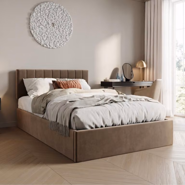 Letto imbottito 140x200 cm con contenitore e rete a doghe Letto matrimoniale con contenitore idraulico Letto imbottito Letto con contenitore Telaio robusto | 140x200 cm Beige bronzo