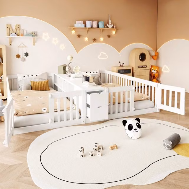 Letto doppio in legno 90x200 cm con scaffale e 2 cassetti; bianco