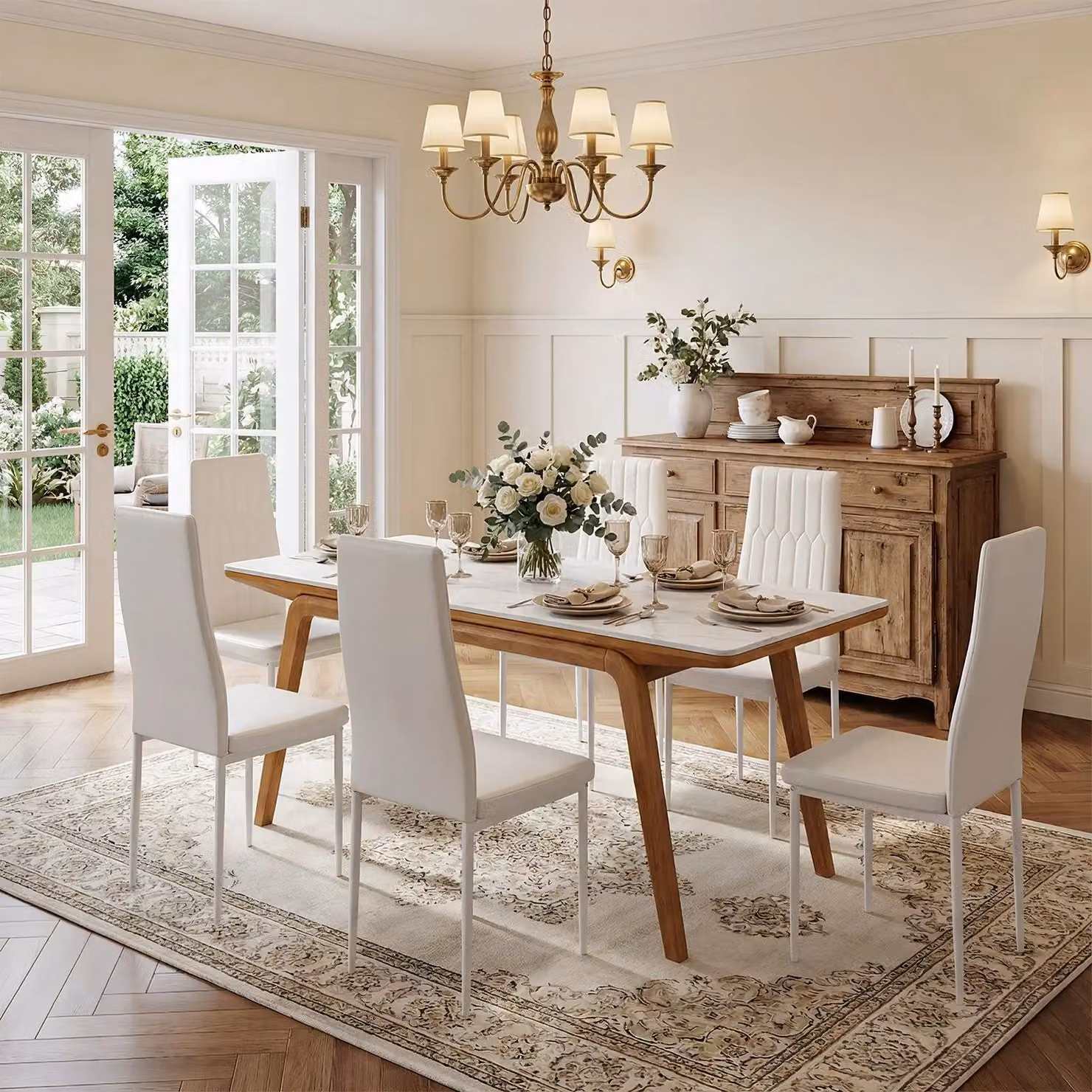 Sedie da pranzo - Set da 6 sedie da cucina - Seduta imbottita in ecopelle - Gambe in metallo - Maniglia ad anello sullo schienale - Design moderno - 97x41x41 cm - Bianco