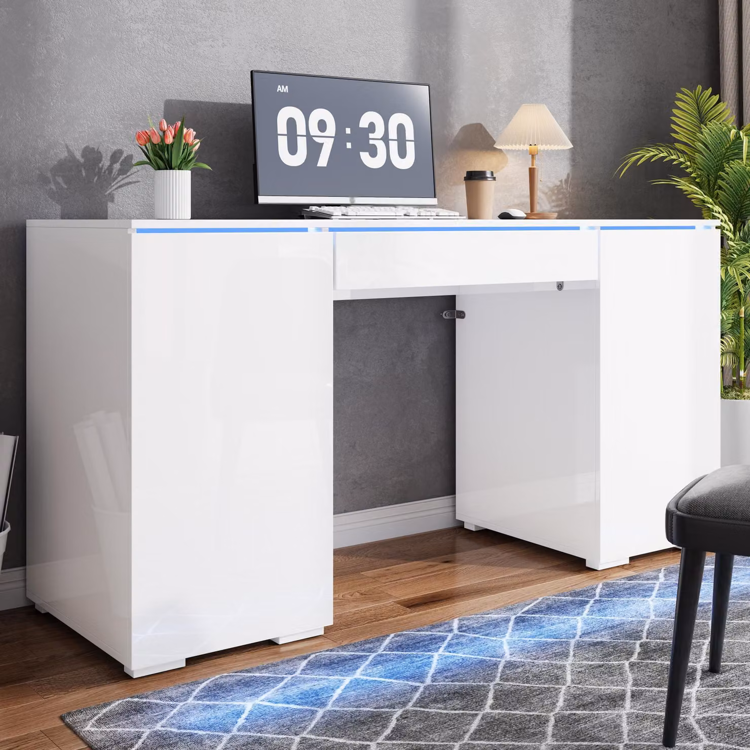Scrivania bianca lucida con cassetto e due ante, scrivania per computer con illuminazione a LED, mobile contenitore, ideale per soggiorno o camera da letto