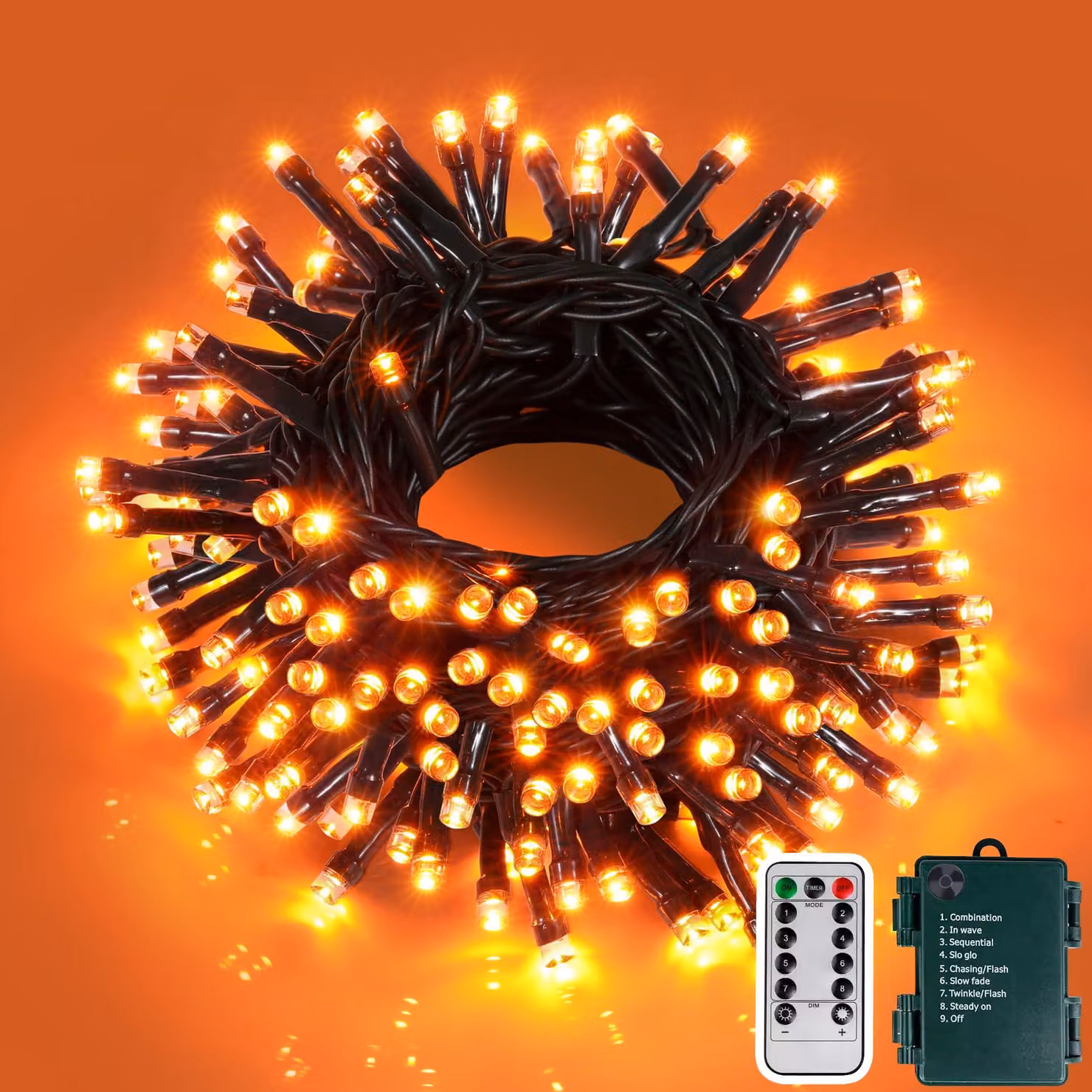 Catena luminosa a LED per Halloween, colore arancione, 10 metri, 100 LED, alimentazione a batteria