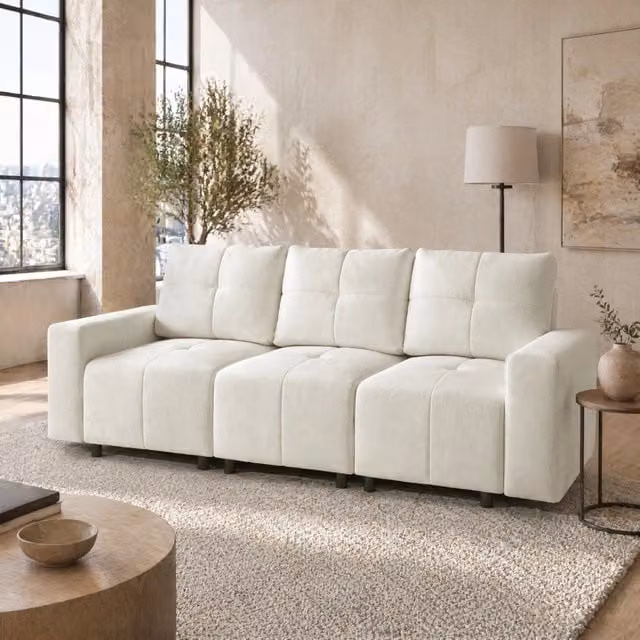 Divano letto 3 posti ULEVR 213 cm con schienale regolabile e profondit¨¤ seduta 46-68 cm, chenille beige bianco