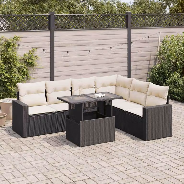 Set Divano da Giardino a L vidaXL con 7 Pezzi, Colore Nero e Bianco, con Tavolino e Cuscini Imbottiti