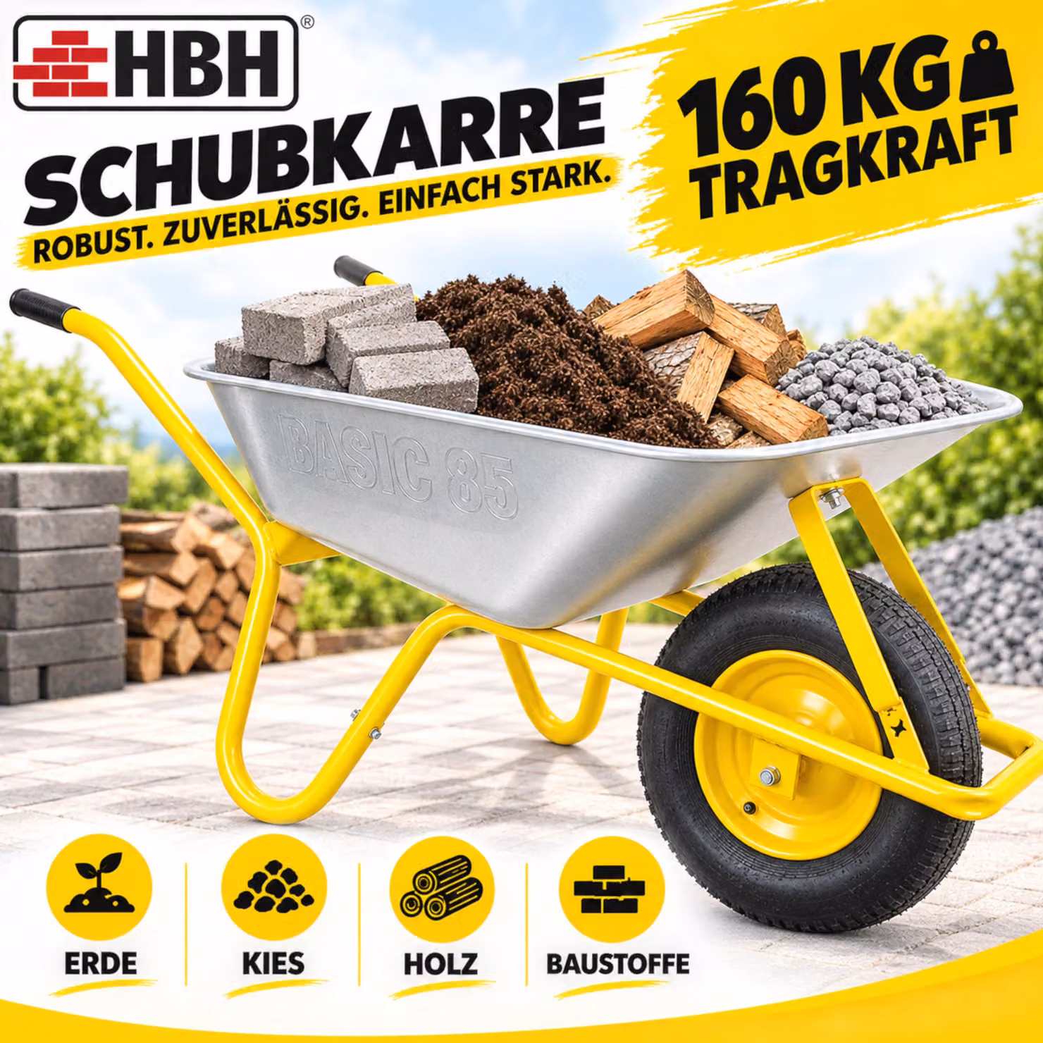Carrello da giardino HBH® da 85 litri, colore giallo, professionale, con ruota pneumatica, capacità di carico 160 kg