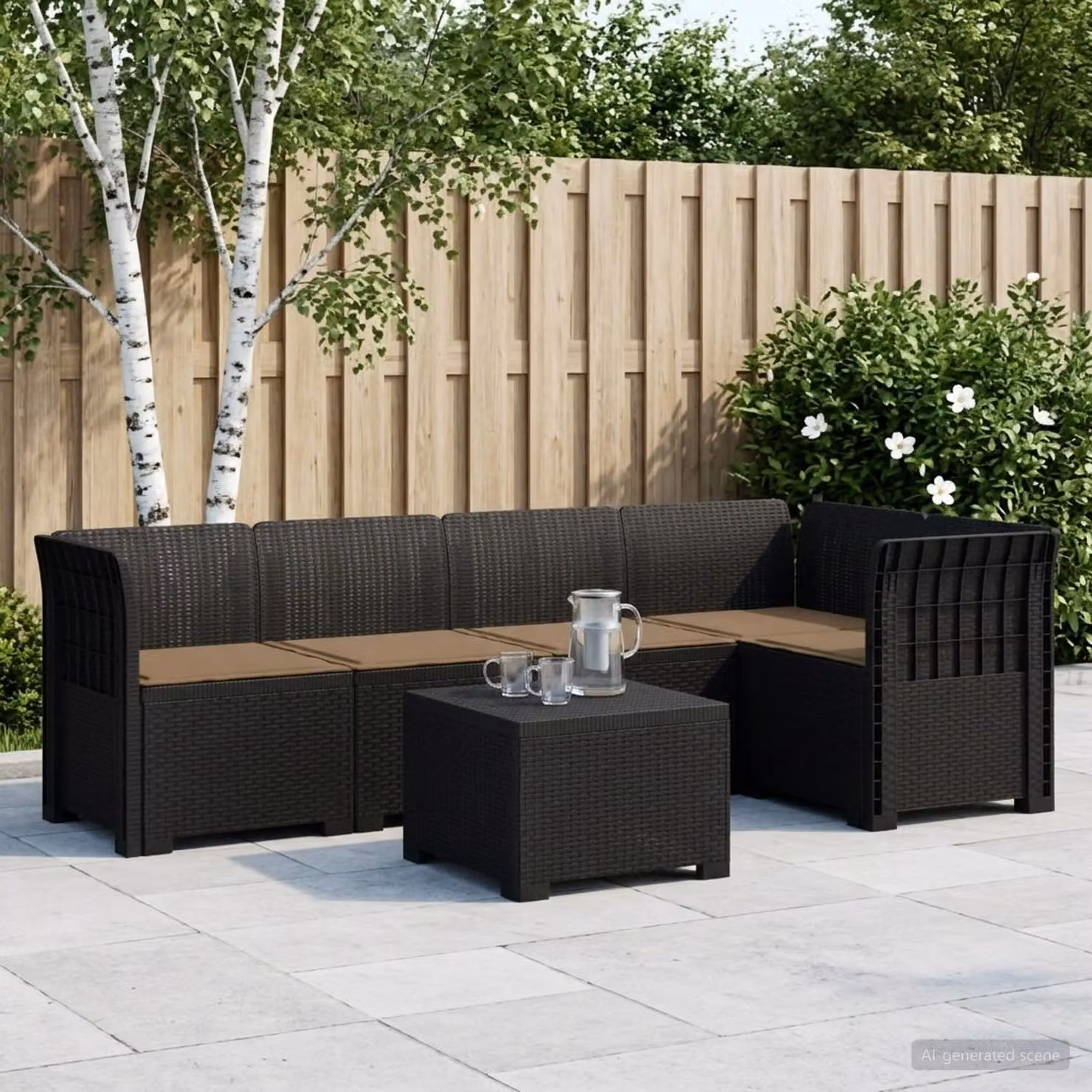 Set da giardino vidaXL a forma di L con divano da 5 posti, elemento angolare e tavolino, in polyrattan antracite con cuscini beige e coperture rimovibili