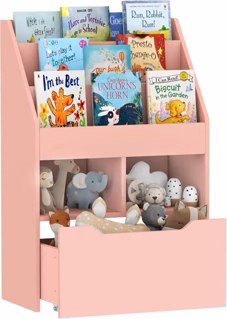 Libreria per bambini XYLO in legno rosa con 3 ripiani, 2 cassetti e ruote, L: 60 cm, P: 29,9 cm, H: 90 cm