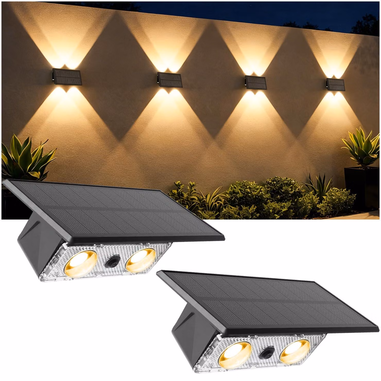 Set di 2 luci solari da esterno, grado di protezione IP65, 3 modalità di illuminazione, con illuminazione verso l'alto e verso il basso